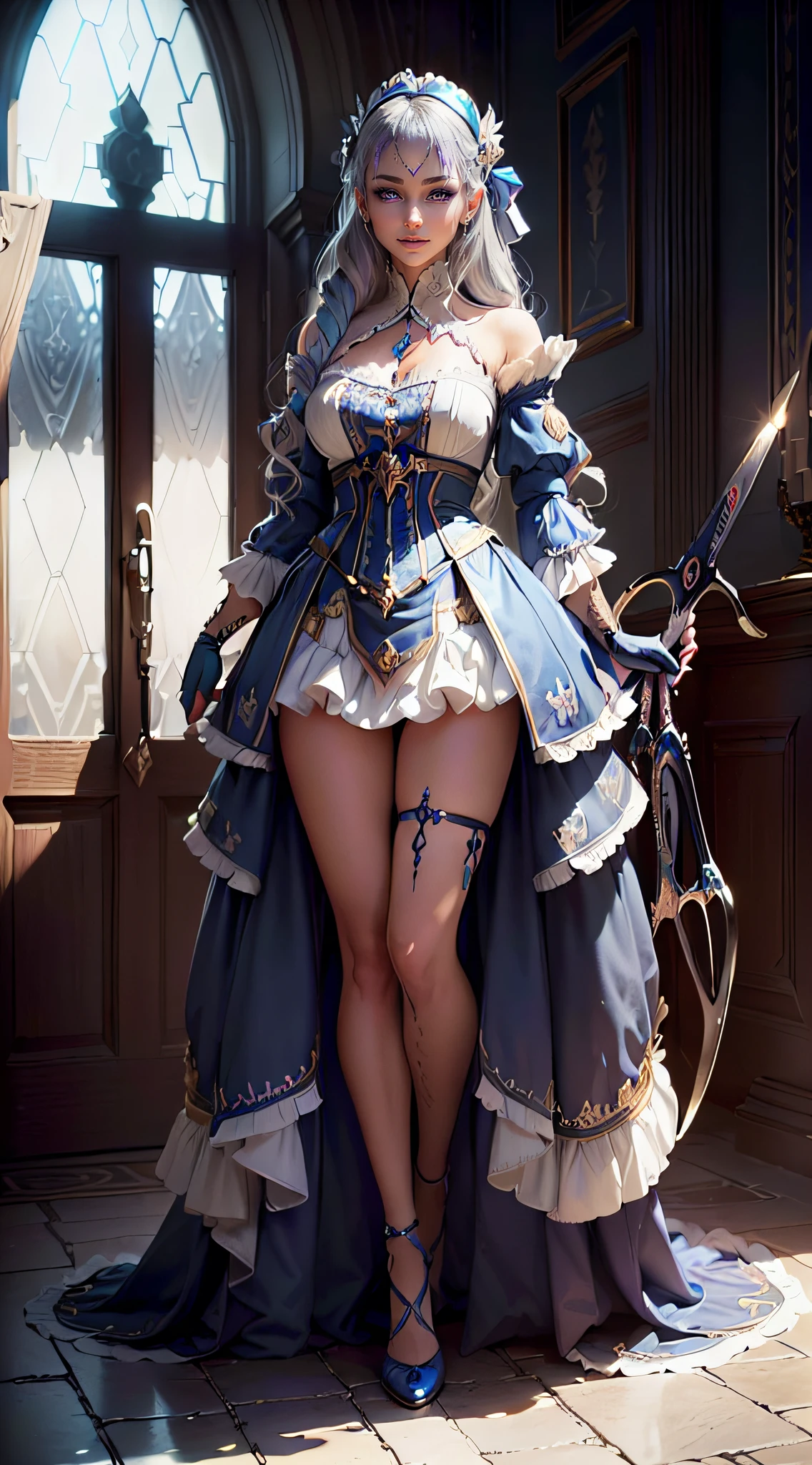 Beautiful paladin girl,Holding a shield,Blue hair,pigtails,Extremely beautiful,High Balance, Natural light, Lace,Black starry sky,Star decoration (Masterpiece, Highest quality),unreal-engine,Standing painting, angle of view,Tulle skirt,ssee-through,Over-the-knee blue stockings,Transparent tulle clothes