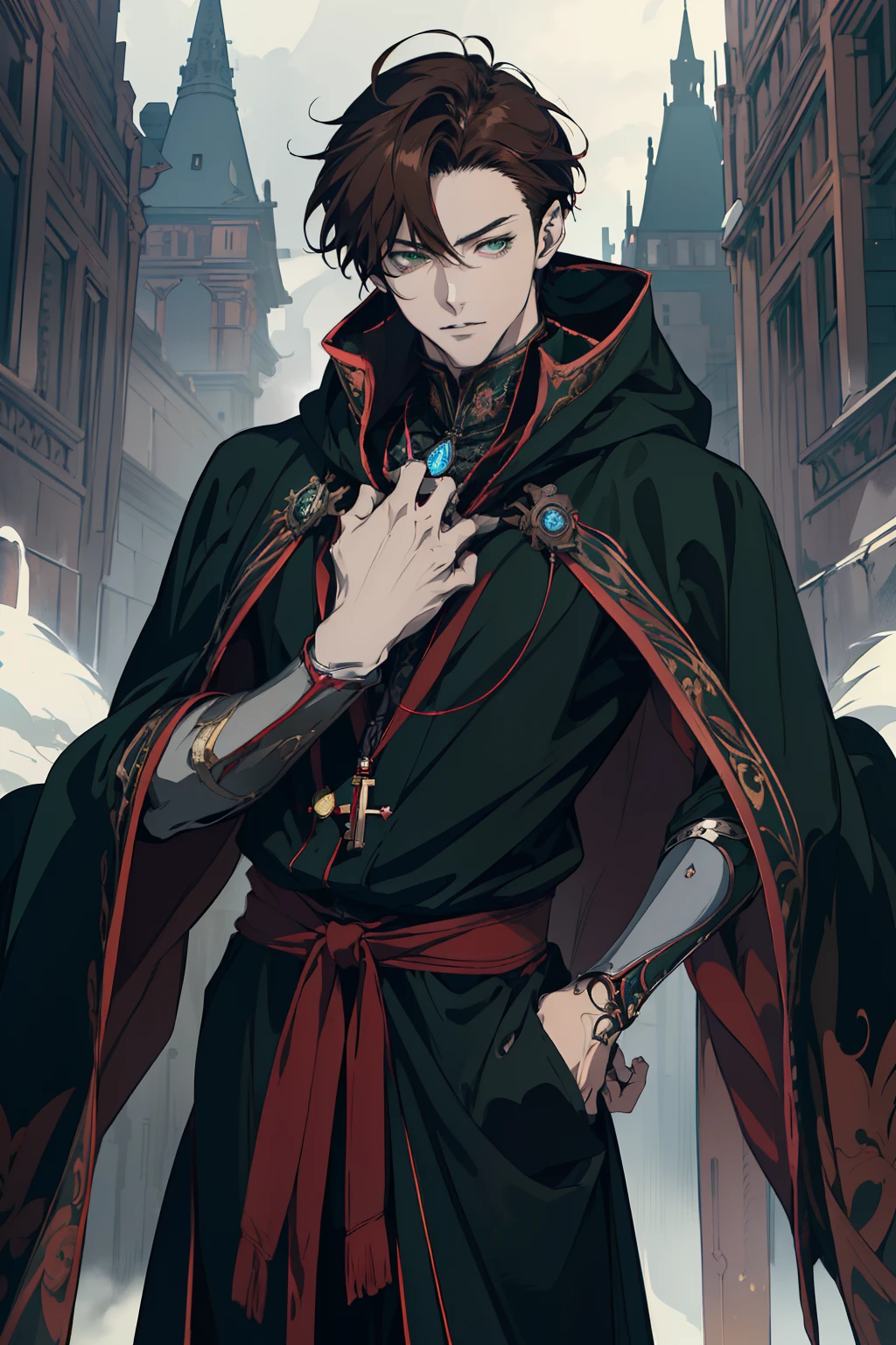 anime drawing of a man Regal , 2 d anime style, male anime style, male anime character, anime style character, delicate, in an anime style, he masterpiece, (absurdres:1.1), best quality, extremely delicate, (beautiful face:1.1), elegant, (great composition), realistic rendering, Dungeons and Dragons, Fantasy, octane rendering, zbrush. Character design, photorealistic, unreal mechanism, hyperdetailed, concept art, trend in art season. ((best quality)), ((masterpiece)), ((realistic)), (detail anime drawing of a man Regal , 2 d anime style, male anime style, (Absurdres, Intricate Details, Masterpiece, Best Quality, High Resolution, 8k), 1 male, masculine, young, aged up, dreadful, finely detailed eyes and face, dark red short mustache hair, hazel eyes, looking down, solo, (full body:0.6), detailed background, detailed face, ( dark fantasy theme: fog, dark atmosphere, , Depth of Field, VFX. (absurdres, highres, ultra detailed vector shaded anime, full detailed beautiful masterpiece, (absurdres:1.1), best quality, extremely delicate, Victorian era badass anime drawing of a man Regal a close up dark cloak cape hood up Victorian era primary colors Black red white beautiful uniform androgynous prince, delicate androgynous prince, handsome guy in demon slayer art, anime key visual of elegant, handsome prince, tall anime guy with blue eyes, inspired by Okumura Masanobu, anime handsome man, male anime character, anime portrait of a handsome man, key anime art full body shot brown hair Green eyes solider cold look intimidating mature young regal knight FAKE RIGHT ARM PROSTHETIC