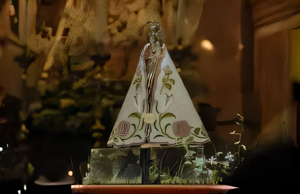 There is a statue of a woman holding a cross in a church, exibido em um altar, imaculadamente detalhado, por Mestre da Folhagem Bordada, com detalhes intrincados, Holy, foto", 8k)), reliquary, no altar, Exibido, ricamente decorado, vestido em ornamentado, Porque Sepulto, extravagante decorado fantasiosamente