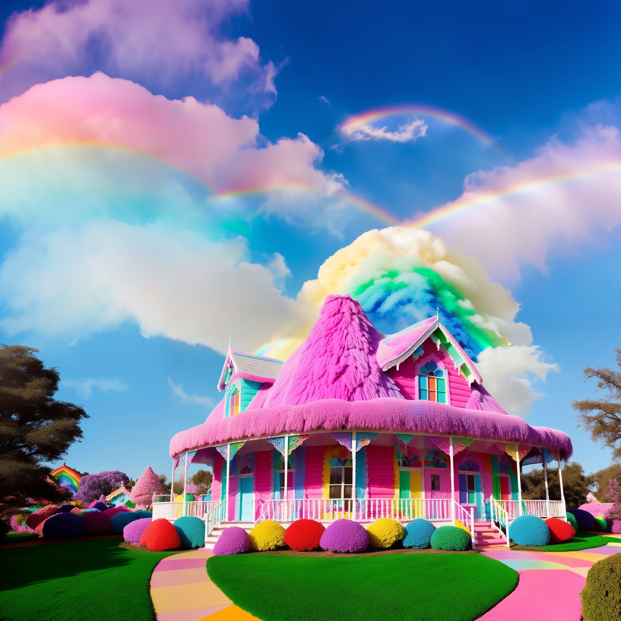 Araffe House with Rainbow Roof and Rainbow Cloud, in a candy land style house, Made of cotton candy, cotton candy, glazed candies, brilliantly colored, Beautiful house, fantasy house, Colorful House, I can't believe it, that it's real, candyland, candyland, pastel colours, Fantasy!!!, fairytale, (Fantasy), fantasy themed