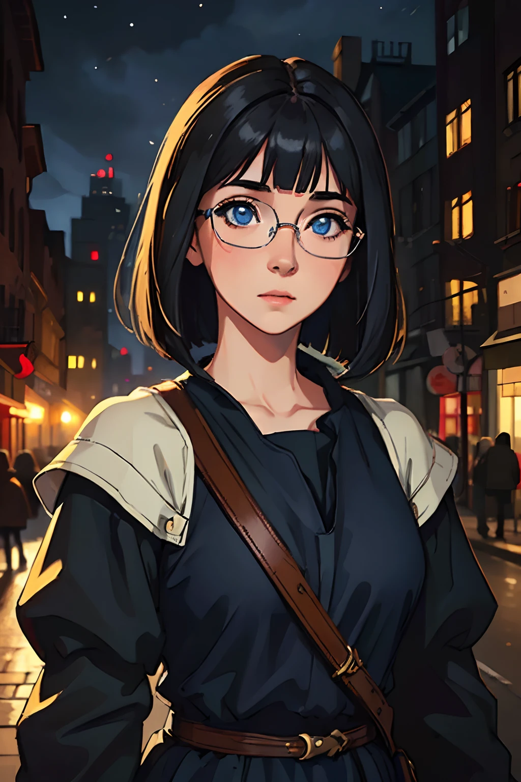 (best quality,realistic:1.37),(ultra-detailed),(HDR),a pretty young girl of 16,black hair,medium bob with bangs,beautiful detailed blue eyes,round glasses,pale skin,city,night, medieval younger outift, beautiful detailed face