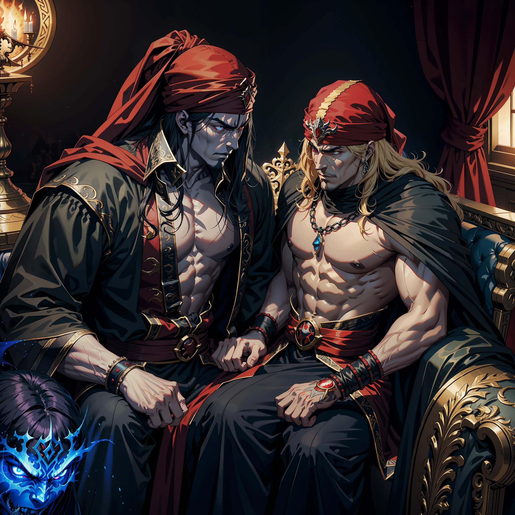 Castlevania Hyper Realistic Shadow Lord Super Detailed Dynamic Shot Master Piece of Lord Dracula Medieval Arab Warrior with Red Turban Scary Face Hokuto No Ken Structure Muscular Face Kenshiro sitting in his legendary Moroccan throne surrounded by demons and 3 scary demons Speaking of Ancient Rolls Cinematic Scenes Epic Movie Hyper Realistic Movie Legendary Movie Epic Movie Epic Movie Epic Movie Epic Movie Epic Movie Epic Movie Perspective 3 points Environment Enlarged view 3D view lower angle