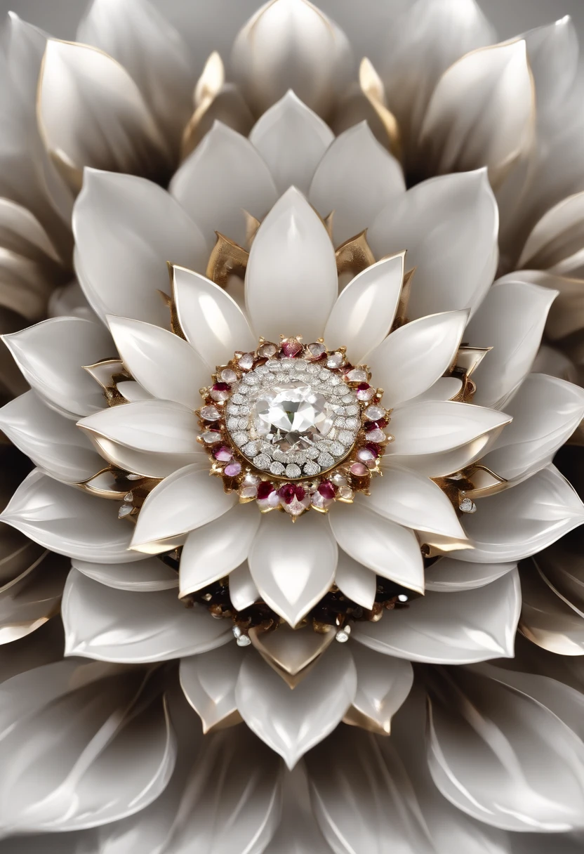 mandala branca, Lotus Flower, Six white crystal petals, contorno de ouro, A diamond in each petal, um diamante central,
