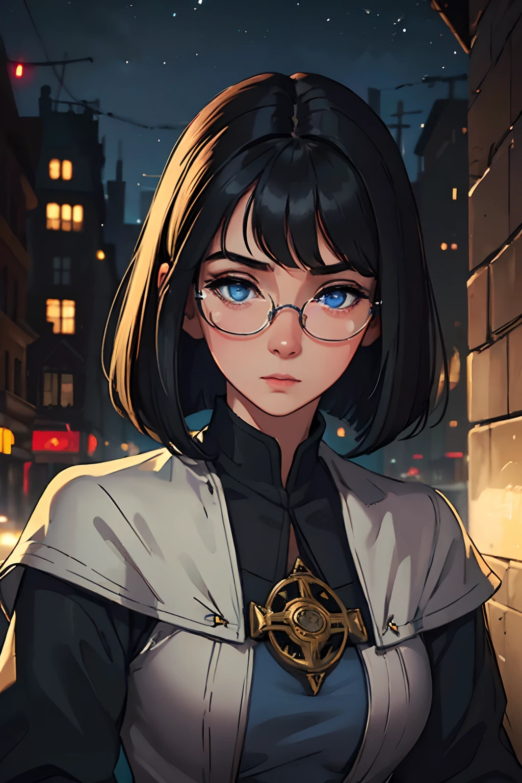 (best quality,realistic:1.37),(ultra-detailed),(HDR),a pretty young girl ,black hair,medium bob with bangs,beautiful detailed blue eyes,round glasses,pale skin,city,night, medieval younger outift, beautiful detailed face