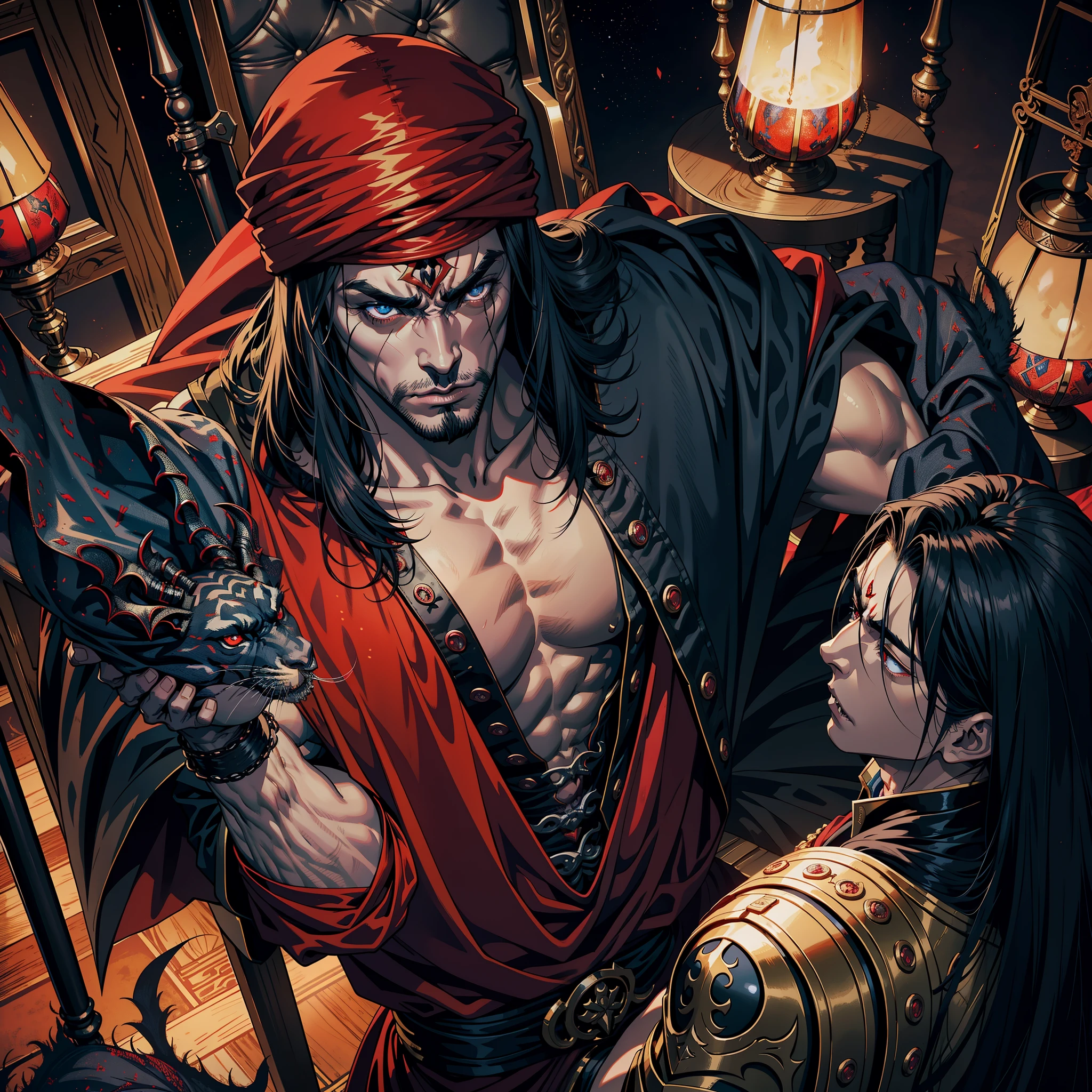 Castlevania Hyper Realistic Shadow Lord Super Detailed Dynamic Shot Master Piece of Lord Dracula Medieval Arab Warrior with Red Turban Scary Face Hokuto No Ken Structure Muscular Face Kenshiro sitting in his legendary Moroccan throne surrounded by demons and 3 scary demons Speaking of Ancient Rolls Cinematic Scenes Epic Movie Hyper Realistic Movie Legendary Movie Epic Movie Epic Movie Epic Movie Epic Movie Epic Movie Epic Movie Perspective 3 points Environment Enlarged view 3D view lower angle