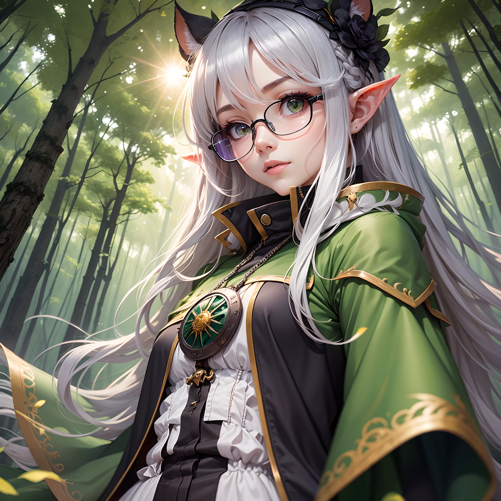 an elf girl wearing black glasses, silver hair, green manteau, mushoku tensei, masterpiece, best quality, taken from below, forest background, sun rays --auto --s2