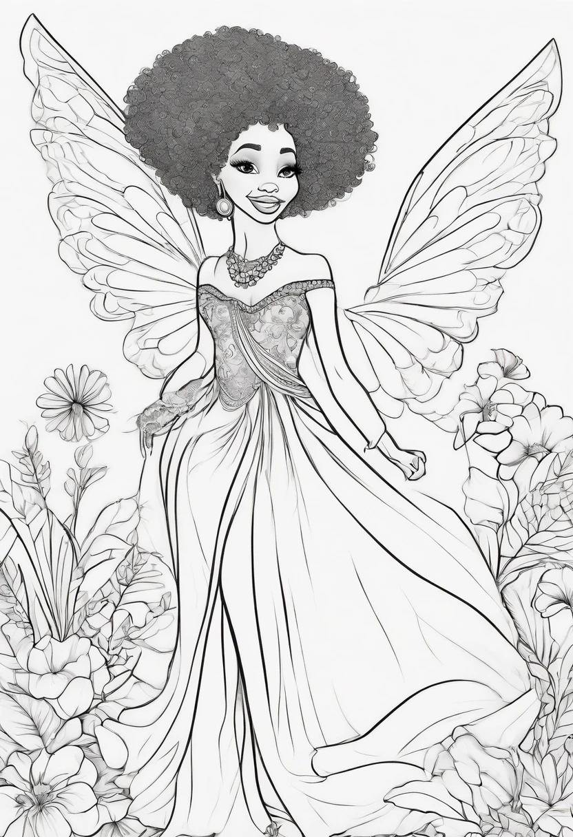 Coloring page for children. Black woman in beautiful fairy costume. She is tall has a beautful afro, is dressed elegantly with a beautiful big smile and inviting eyes. She has wings and is holding a bag od postive wishes.