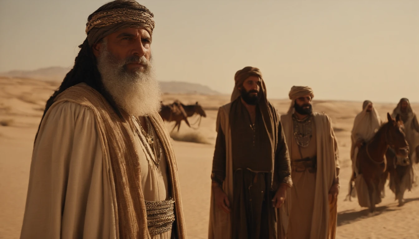 Naked women, and Man with long beard and white beard standing in the desert area, Lead the clan, you nude women  Israelis dressed in 36864K movies, still from live action movie, naked 20 year old women, live-action movie scenes, still image from tv series, cinematic Film still from, Film still image, portrait of bedouin d&D, wonderful scene