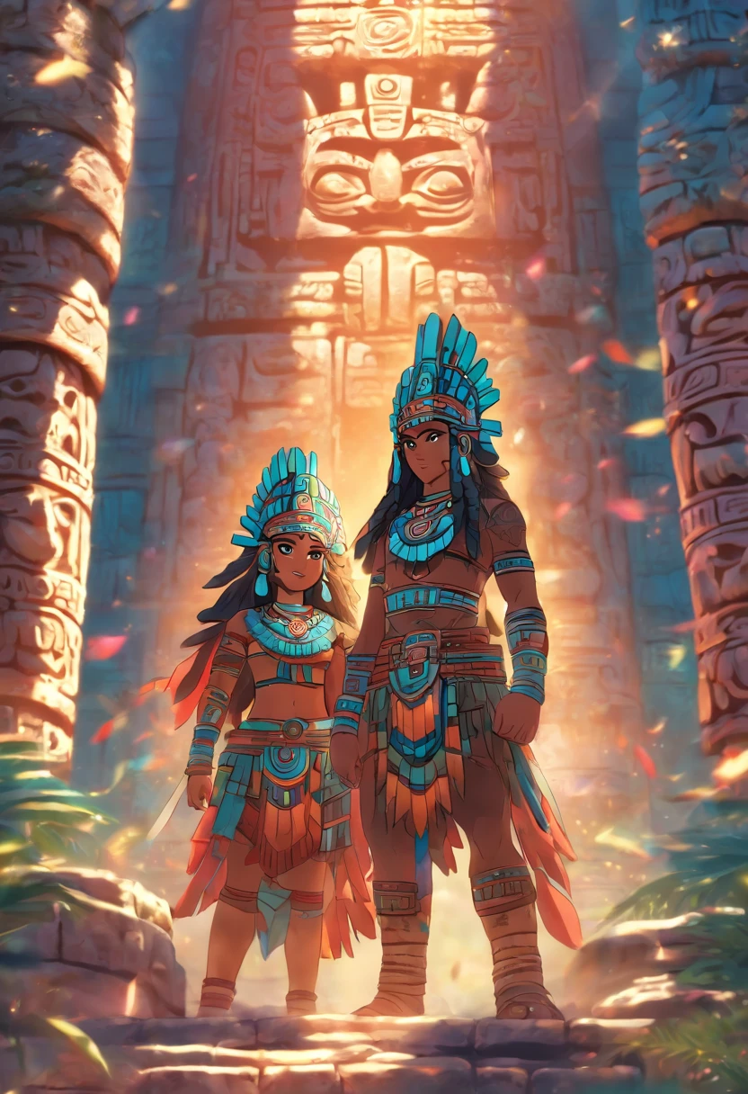 (((Mayan Twins)))melhor qualidade, ultra-high resolution, CG detalhado 4K, piece of master,Hun-Hunahpu,Templo de Vucub-Hunahpu,Roupas maias,Mitologia maia,cacto, riacho, deserto, sunlight, mexico, esthetic, Beautiful image, centralizado na tela
