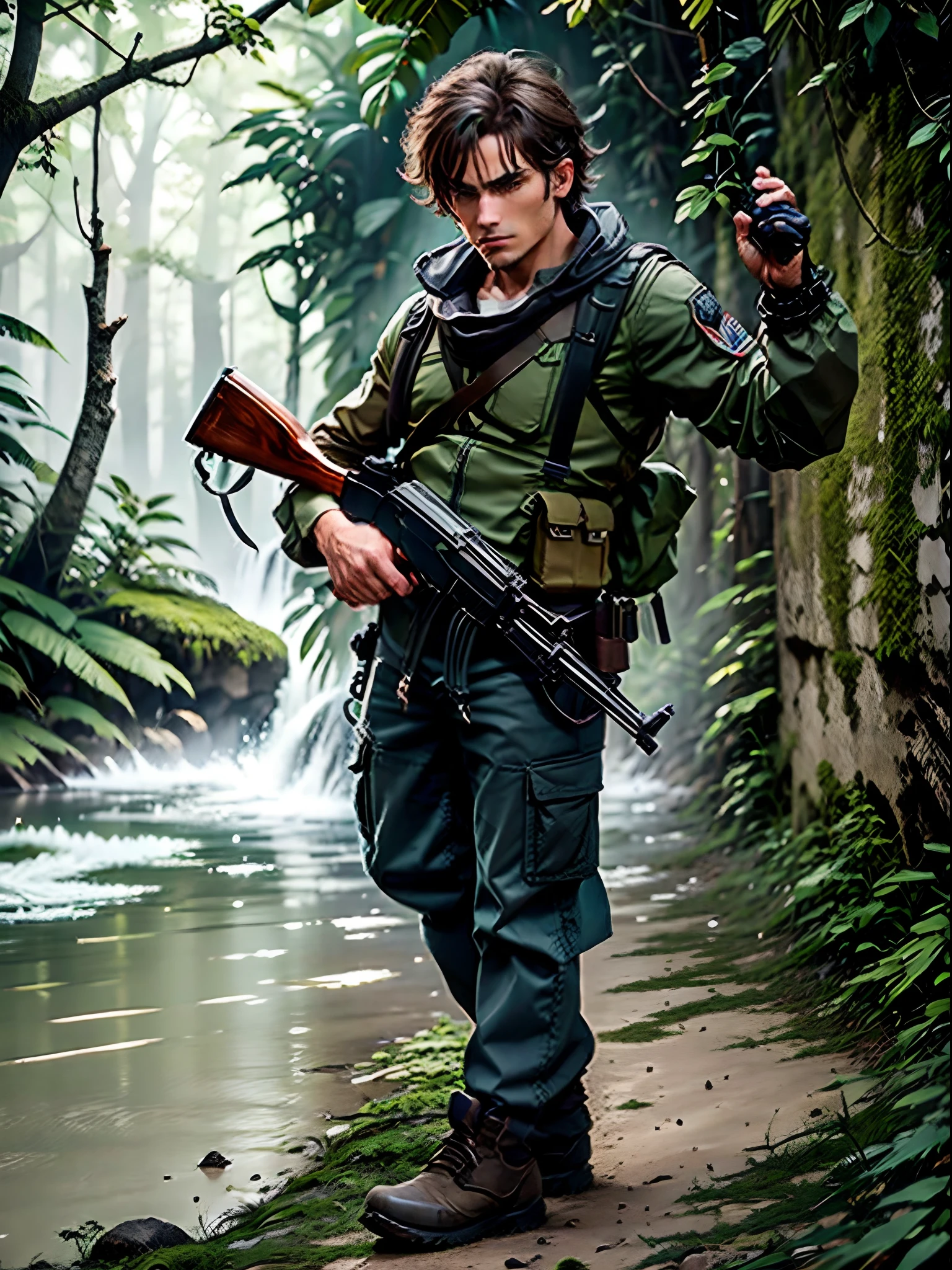 1man, male focus, deep brown hair, short hair, hazel eyes, brown t-shirt, brown cargo pants, black boots, shoulder holster, kalashnikov_rifle, akm, holding gun, full body shot, jungle, explorer, treasure hunter, grappling hook, adventure atmosphere, cowboy shot, masterpiece, best quality, waterfall, perfect hands, spanish, combed hair, clean shaven