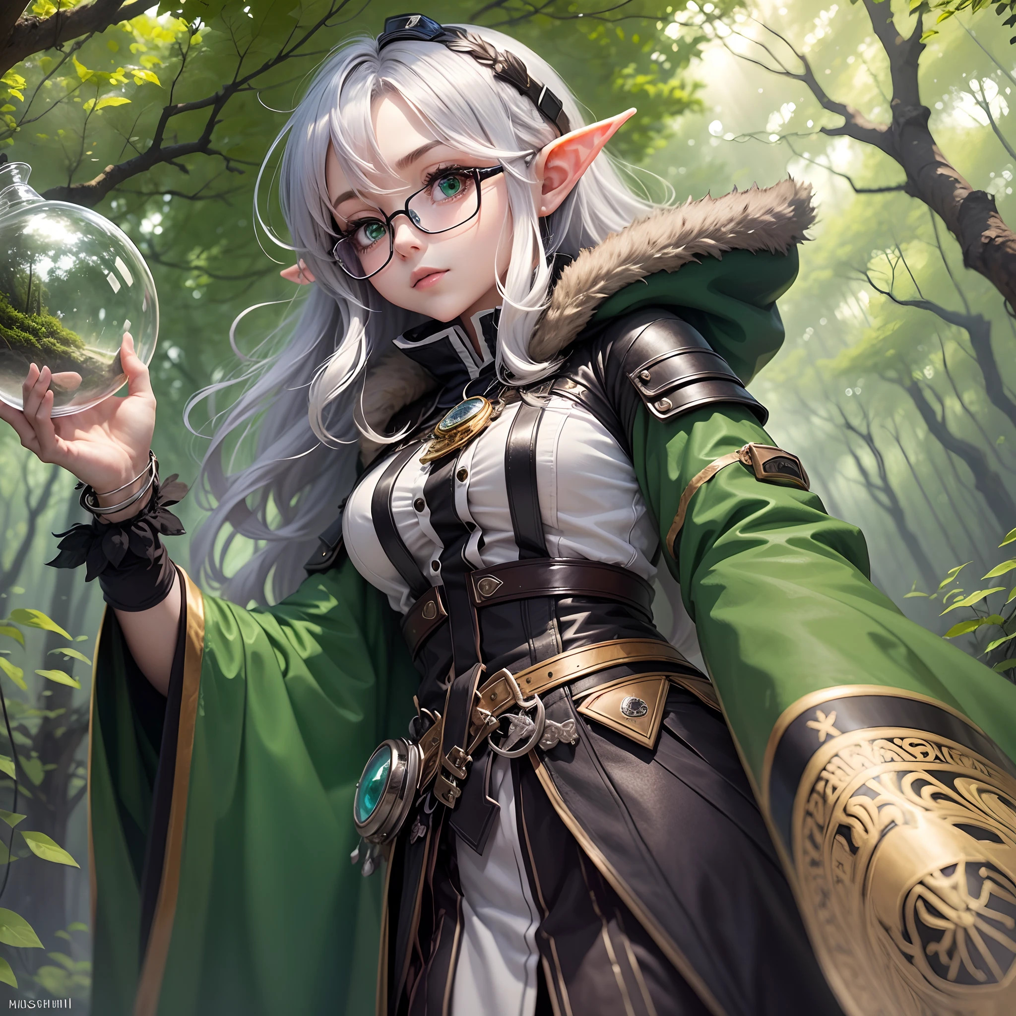 an elf girl wearing black glasses, silver hair, green manteau, mushoku tensei, masterpiece, best quality, taken from below, forest background, sun rays --auto --s2