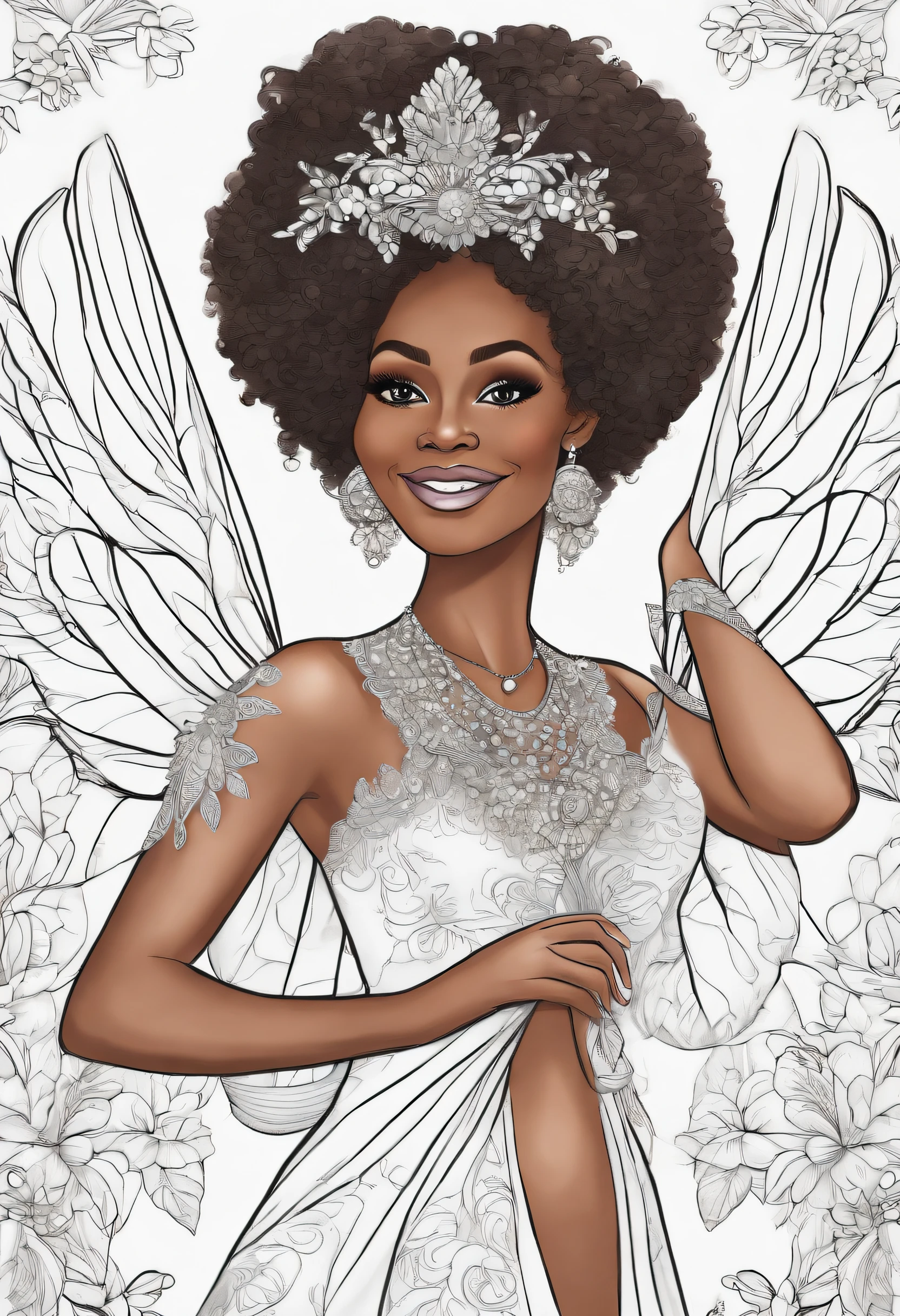 Coloring page for children. Black woman in beautiful fairy costume. She is tall has a beautful afro, is dressed elegantly with a beautiful big smile and inviting eyes. She has wings and is holding a bag od postive wishes.