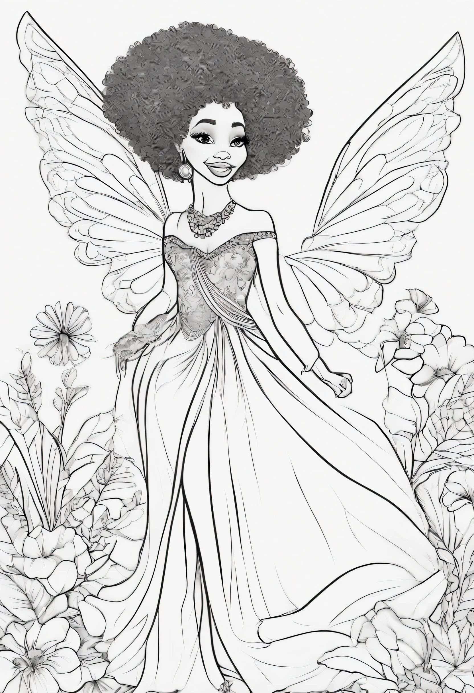 Coloring page for children. Black woman in beautiful fairy costume. She is tall has a beautful afro, is dressed elegantly with a beautiful big smile and inviting eyes. She has wings and is holding a bag od postive wishes.