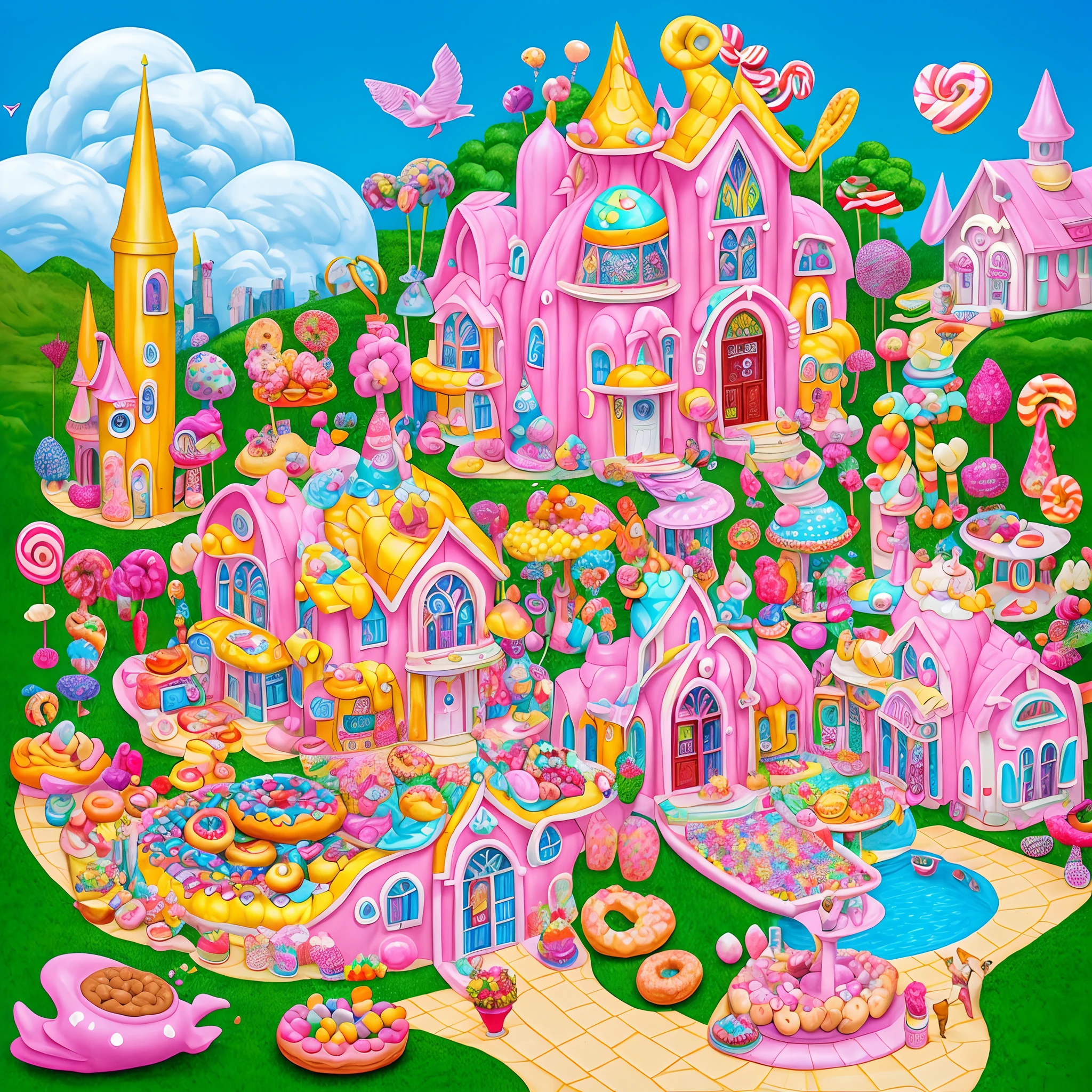 Araffe's house with lots of donuts on it, in a candy land style house, Chapel of David, Colorful House, inspired by David LaChapelle, David LaChapelle, Architecture of America, Beautiful house, Fantasy Bakery, Joel Sternfeld, Ron English, hamburger, (Fantasy), Psychedelic Architecture, by Jon Coffelt