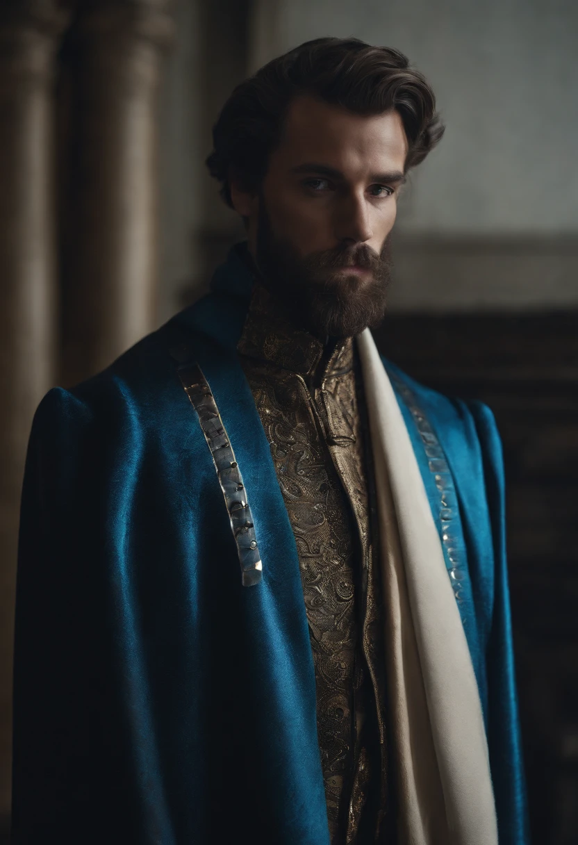 Generate a blue men's garment with metallic tones that has a long cape, high collar, large futuristic style sleeves in the tailoring sector with rough textures and transparency.
