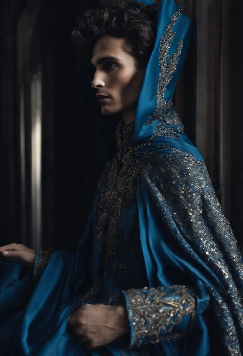 Generate a blue men's garment with metallic tones that has a long cape, high collar, large futuristic style sleeves in the tailoring sector with rough textures and transparency.