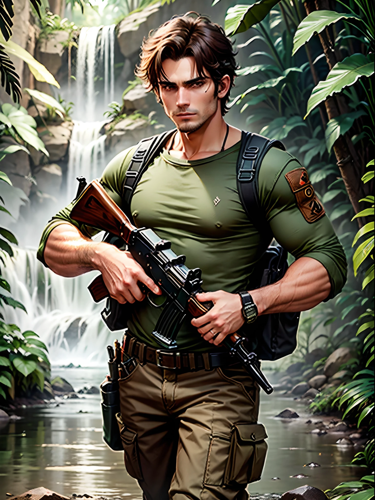 1man, male focus, deep brown hair, short hair, hazel eyes, brown t-shirt, brown cargo pants, black boots, shoulder holster, kalashnikov_rifle, akm, holding gun, full body shot, jungle, explorer, treasure hunter, grappling hook, adventure atmosphere, cowboy shot, masterpiece, best quality, waterfall, perfect hands, spanish, combed hair, clean shaven