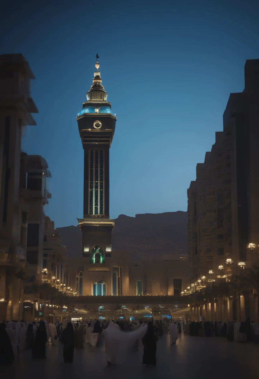 saudi arabia, clock tower, makkah, blue lighting