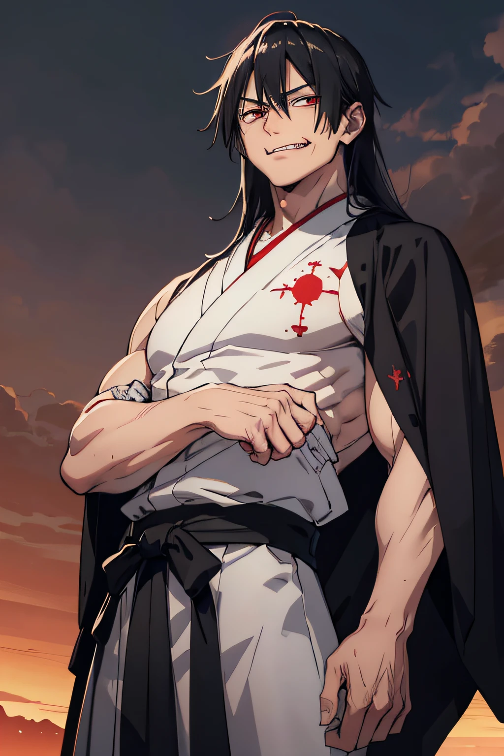 suguru geto, japanese clothing, kesa, white kimono, powerful, long black hair, glowing red eyes, scarred, war paint on cheeks, staring at the camera with a malevolent smile, standing in a desert, messy black hair, muscular, arms crossed, powerful, older man, mid 40's, black stubble, muscular, buff, standing in a desert at night, bloodmoon in the sky, hands covered in bandages, cocky evil smile, evil looking, demonic glare, satanic, buff, powerful, muscles, fushiguro toji, muscular male