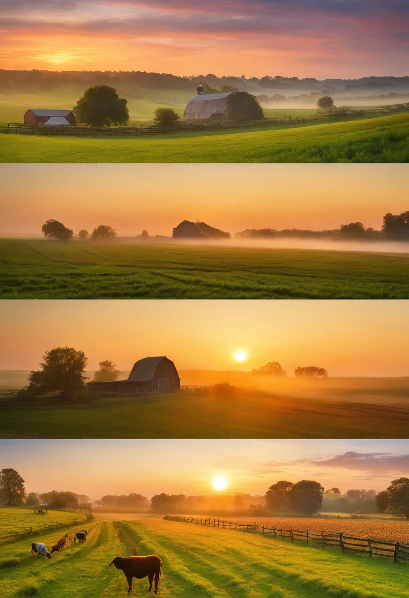 Create an image of a charming farm at dawn. All the animals are waking up to a beautiful sunrise, 8K, UHD, HD