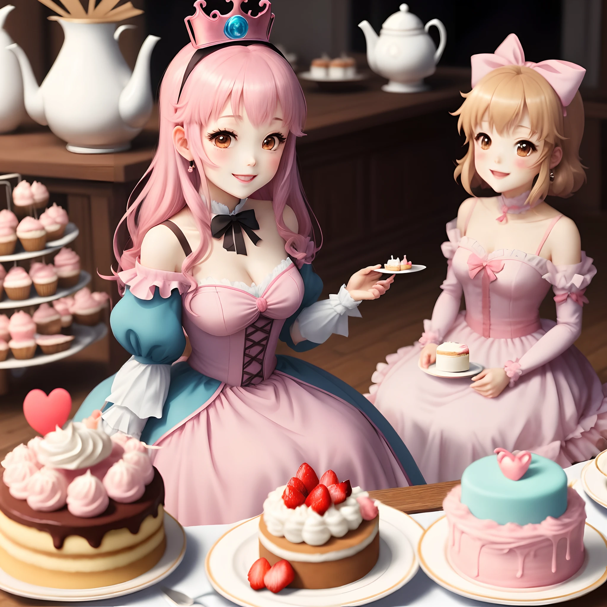 Adorable pink anime princess at tea party with cake