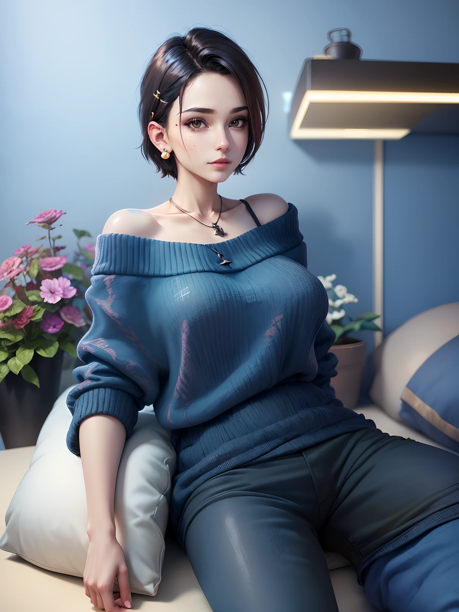 (short hair woman), (off-shoulder sweater, oversized sweater), (hiden short pants), (cross-legged sitting, hands lying on thighs), on bed, medium breasts, deep cleavage, best quality, masterpiece, illustration, very delicate and beautiful, very detailed skin, CG, Unity, 8K wallpapers, amazing, fine detail, highly detailed CG Unity 8K wallpapers, huge file size, high resolution, handsome detailed woman, very detailed eyes and face, Stunning detailed eyes, light on the face, (Best illustration: 1.1), (best shadow: 1.1), ultra high resolution, (photorealistic: 1.1), (photorealistic 1.2:1.1), realistic face proportions,slim,smile,(fluffy black eyes: 1.21), black eyes, looking at the viewer, dark brown hair, earrings, necklaces, hairpins, full body shots, (irregular skin imperfections,veins,moles,skin wrinkles,pores: 1.2), (dark night background: 1.2), (bokeh: 1.4),