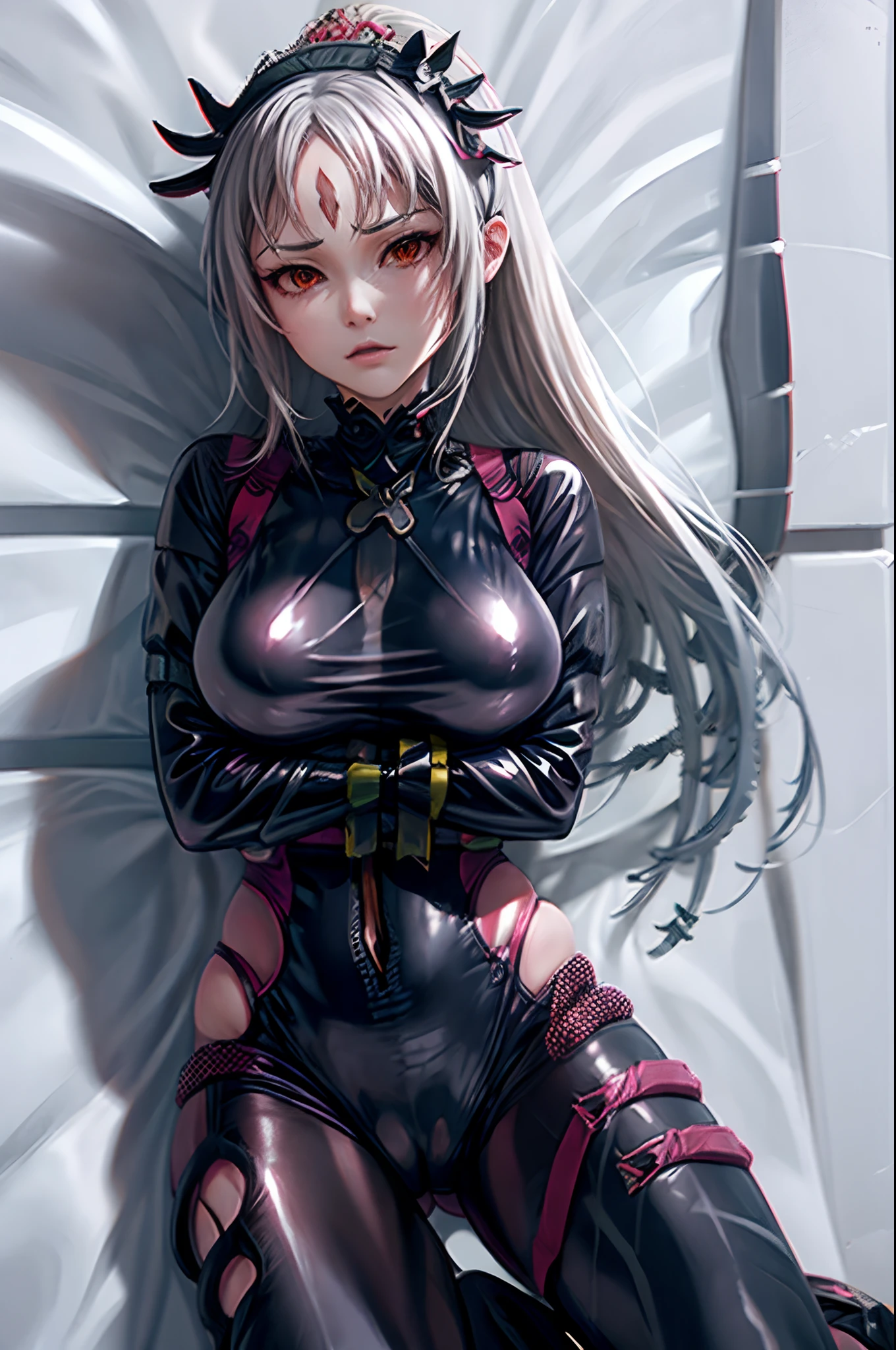 plumeria, latex catsuit, folded arms, hidden hands, hidden fingers, harness bondage,