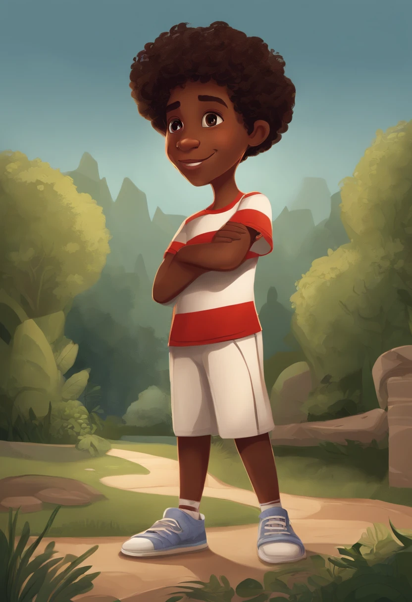 Please create a series of illustrations in a similar style to 'THE SECRET BEYOND THE GARDEN' that portray the character Ivo. Ivo is a -yeld bl boy, fearless and curious. He has curly hair, big brown eyes, and wears a backwards cap, a navy blue striped t-shirt, red shorts and white sneakers. I would like to see illustrations that show Ivo with various emotional expressions, such as joy, surprise, determination, fear, curiosity and other feelings that he may experience throughout the story 'The Family Mystery'. Each illustration must be on a white background and highlight Ivo's unique personality.