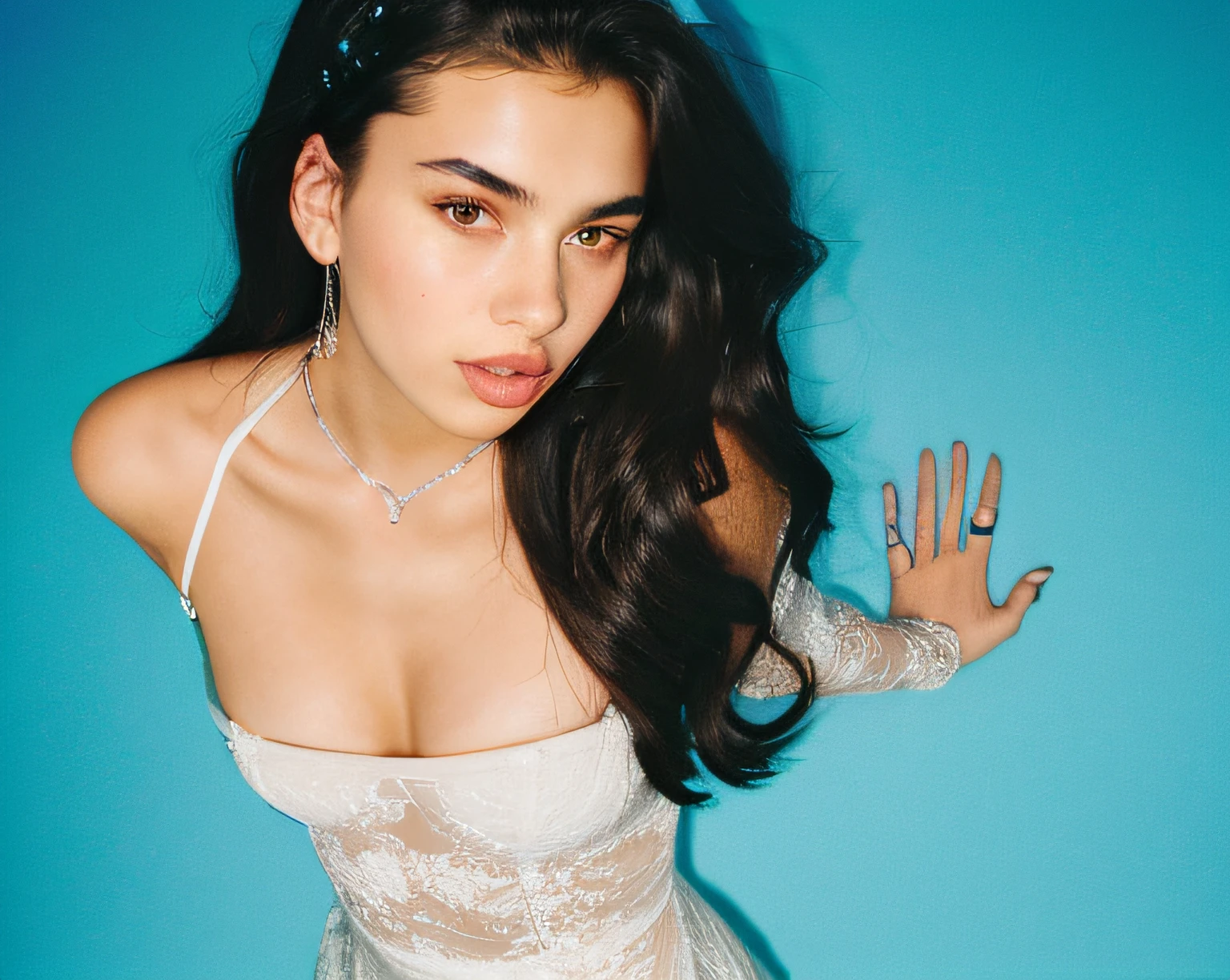 there is a woman in a white dress posing for a picture, bella poarch, dua lipa, charli xcx, olga buzova, portrait sophie mudd, doja cat, arian mark, kailee mandel, official artwork, portrait emily ratajkowski, in style of petra collins, emily ratajkowski, charli bowater, 18 years old