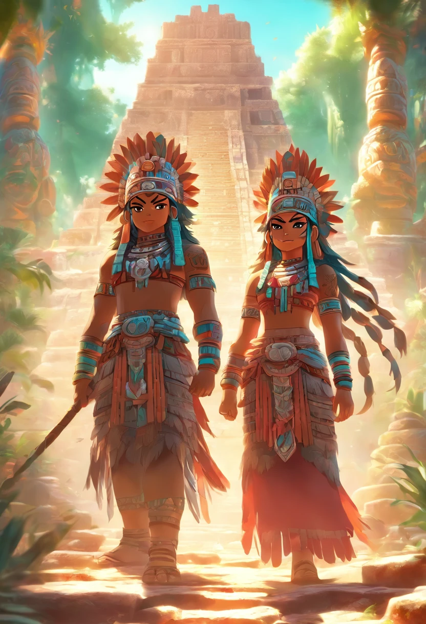 (((Mayan twins)))best quality, ultra-high resolution, 4K detailed CG, master piece,Hun-Hunahpu,Vucub-Hunahpu temple,Mayan clothing,Mayan mythology,cactus, stream, desert, sunlight, Mexico, aesthetics, Beautiful image, centered on the screen