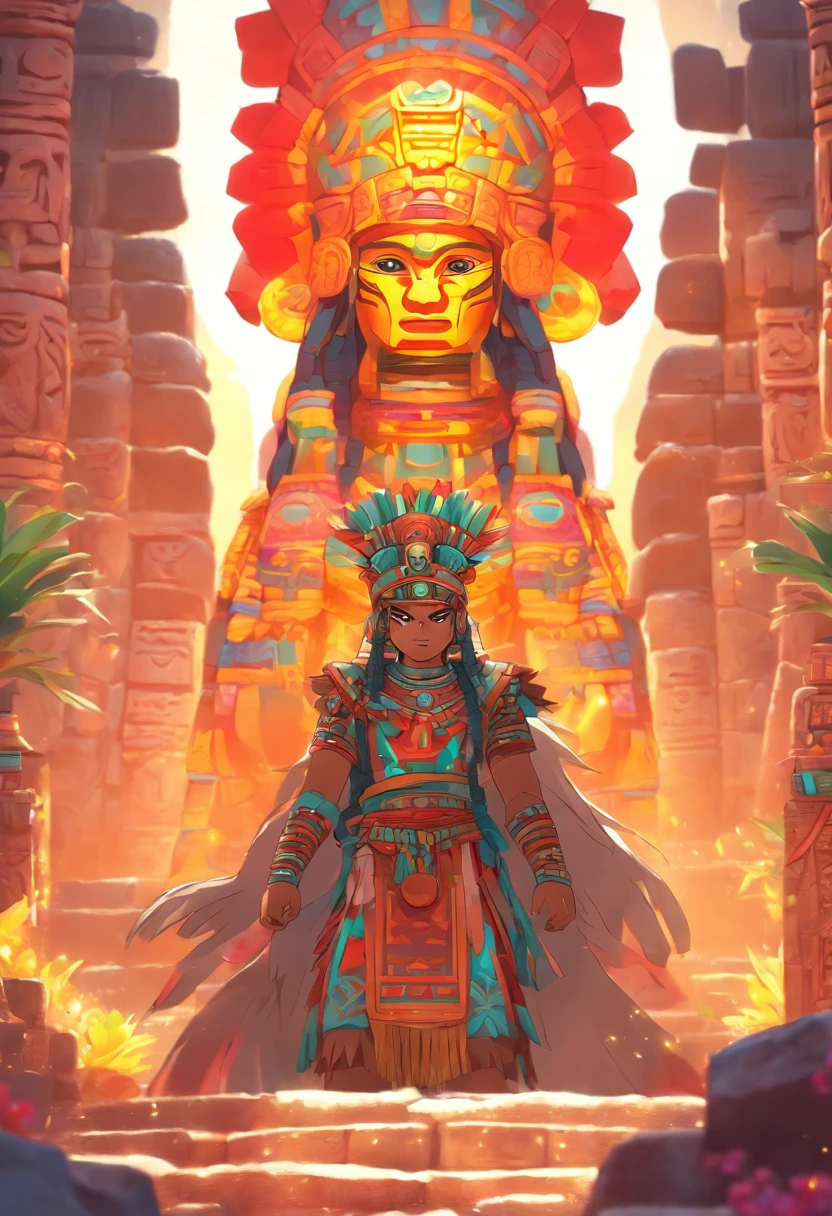 (((Mayan twins)))best quality, ultra-high resolution, 4K detailed CG, master piece,Hun-Hunahpu,Vucub-Hunahpu temple,Mayan clothing,Mayan mythology,cactus, stream, desert, sunlight, Mexico, aesthetics, Beautiful image, centered on the screen