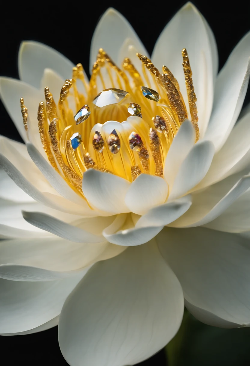 glass lotus flower, Six white petals, contorno de ouro, A diamond in each petal, um diamante central,