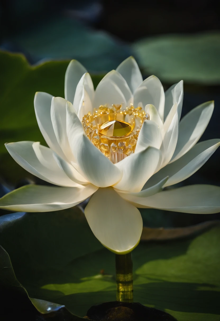 glass lotus flower, Six white petals, contorno de ouro, A diamond in each petal, um diamante central,