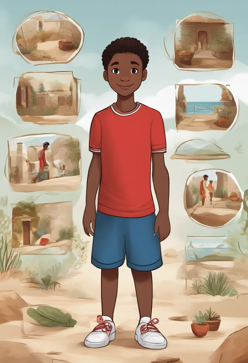 Por favor, create a series of illustrations in a style similar to 'THE SECRET BEYOND THE GARDEN' that depict the character Ivo. Ivo is a 13-year-old black boy, destemido e curioso. Ele tem cabelos cacheados, grandes olhos castanhos, And wears a backwards cap, uma camiseta listrada azul marinho, Red shorts and white sneakers. I would like to see illustrations that show Ivo with various emotional expressions, como a alegria, surpreender, determination, medo, curiosity and other feelings he may experience throughout the story 'The Mystery of the Family'. Each illustration should be on a white background and highlight Ivo's unique personality.