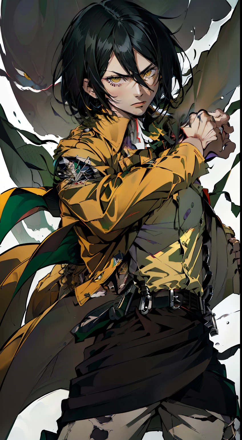 ((Masterpiece, (Best Quality), hight resolution,mikasa ackerman, 1 guy, bangs black hair, Yellow eyes, Hair between the eyes, extremely short hair, white unbuttoned shirt, green coat, portraite of a, hiquality, masterpeace, gangster, (combat stance), skye, 4k))