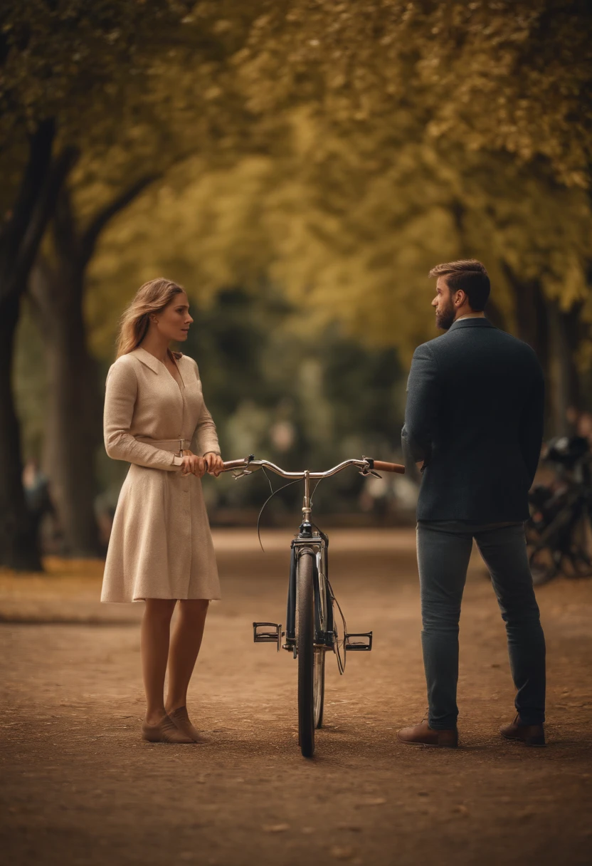 a woman and a man in a park watching a girl ride a bicycle, 3d image, real
