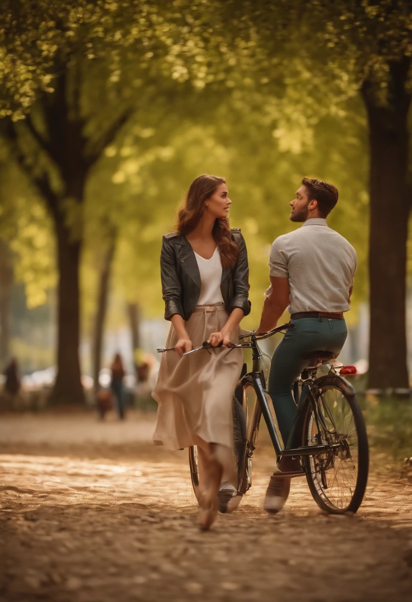 a woman and a man in a park watching a girl ride a bicycle, 3d image, real