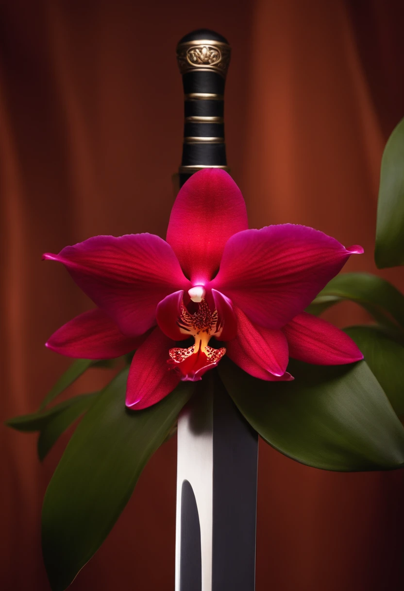 sword stabbed through a red orchid