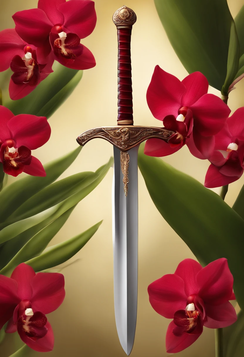 sword stabbed through a red orchid