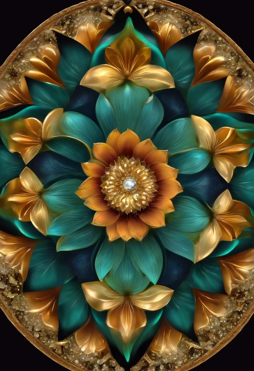 mandala de vidro, Lotus Flower, contorno de ouro, A diamond in each petal, um diamante central,