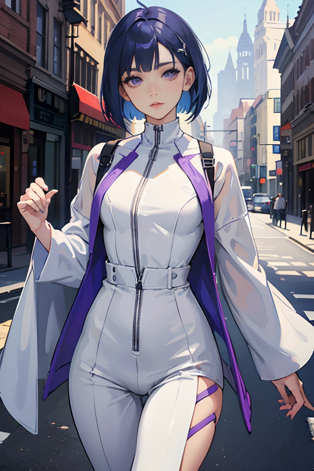 1woman, Beautiful Woman , blue hair , bob hair style  , purple eyes , mature woman , white jumpsuit ,  over sized  coller , Small chest, thigh gap