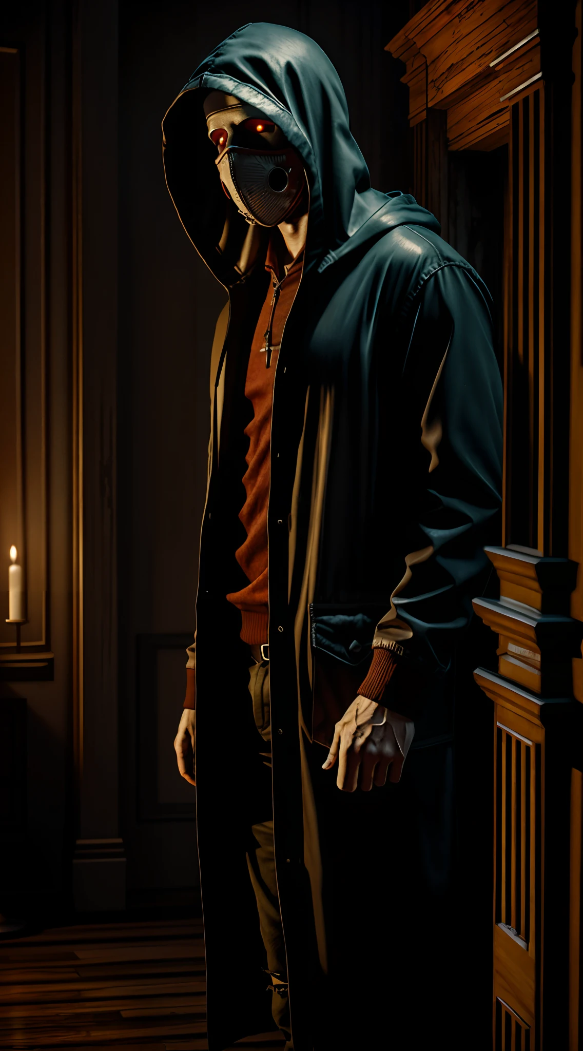 Photorealistic photograph realism final render, a hooded pale man infected with red eyes, breathing mask, tubes, in a haunted horror mansion