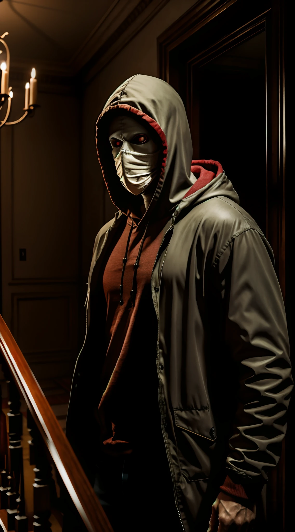 Photorealistic photograph realism final render, a hooded pale man infected with red eyes, breathing mask, tubes, in a haunted horror mansion