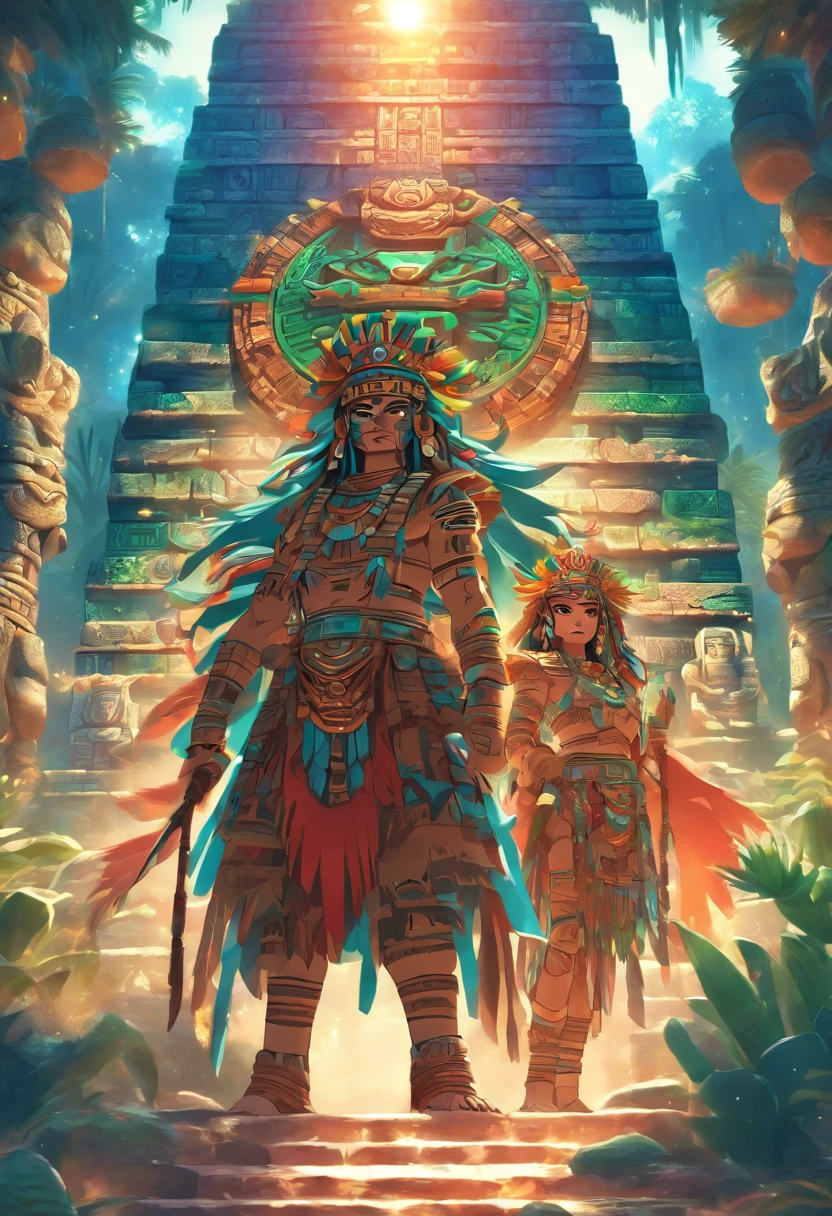 (((Mayan Twins))) best quality, ultra-high resolution, 4K detailed CG, masterpiece, Hun-Hunahpu, Xbalanque, temple, Mayan clothing, Mayan mythology, cactus, stream, desert, sunlight, Mexico, aesthetic, Beautiful image, centered on the screen