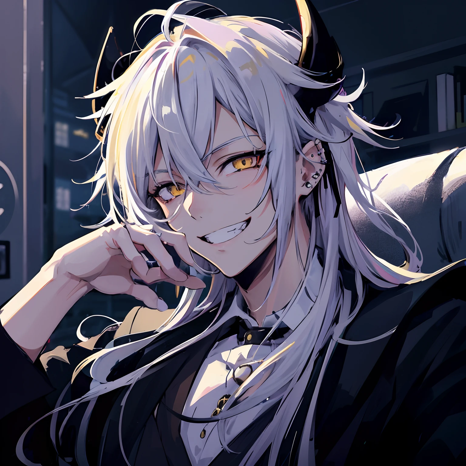Japanese anime, beautiful young man, white hair, long hair, yellow eyes, slanted eyes, pierced black rabbit ears, toothy smile, grin, cool black outfit, dark stylish room as background,high quality, amount of drawing, pixiv illustration