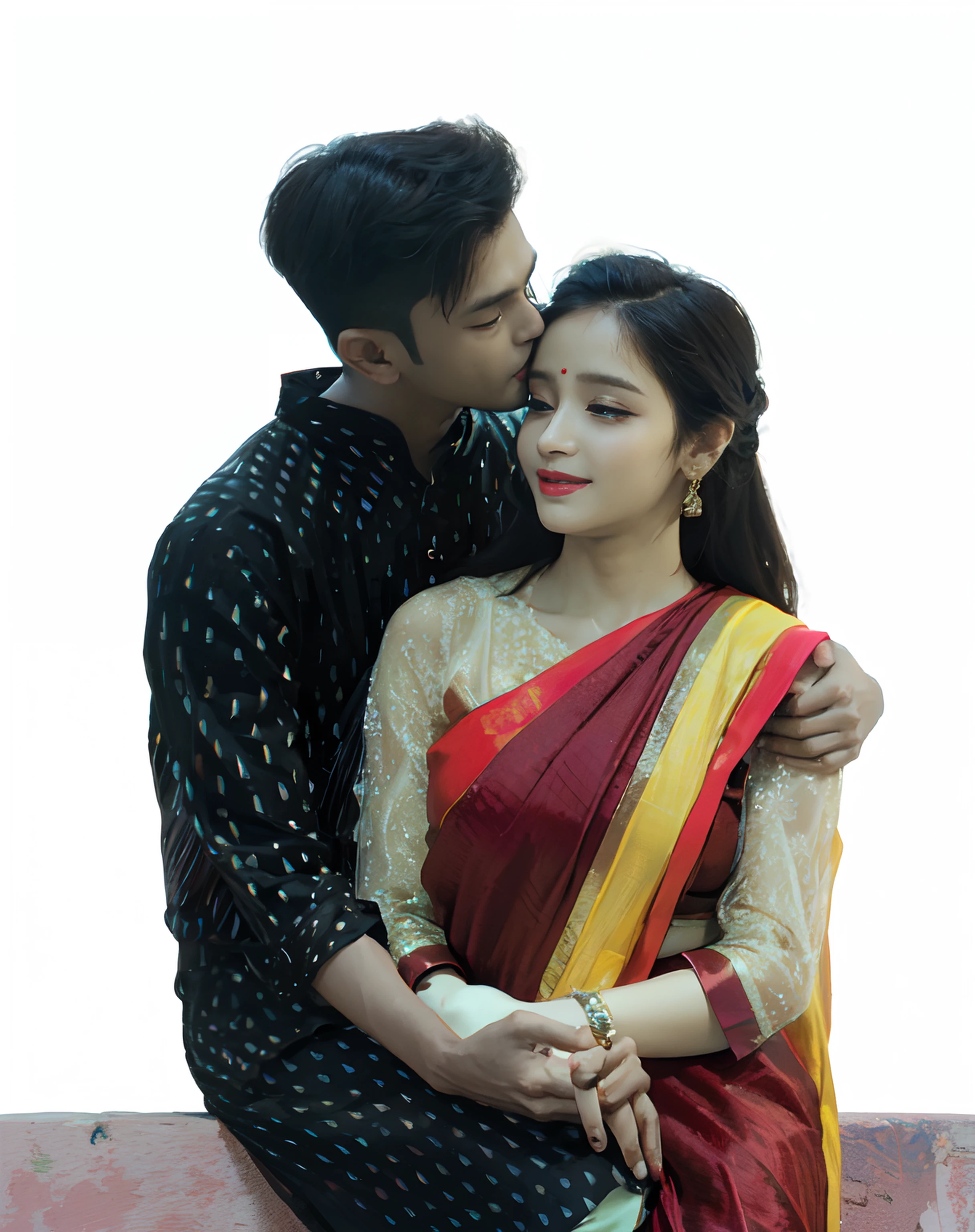 there is a man and woman sitting on a wall kissing, bengali aesthetic, couple pose, lovely couple, bengali, wearing saree dress, taken with sony alpha 9, romantic couple, boy girl traditional romance, candid picture, 4k, surrealistic, highly detailed, oilpainting, digital art.
