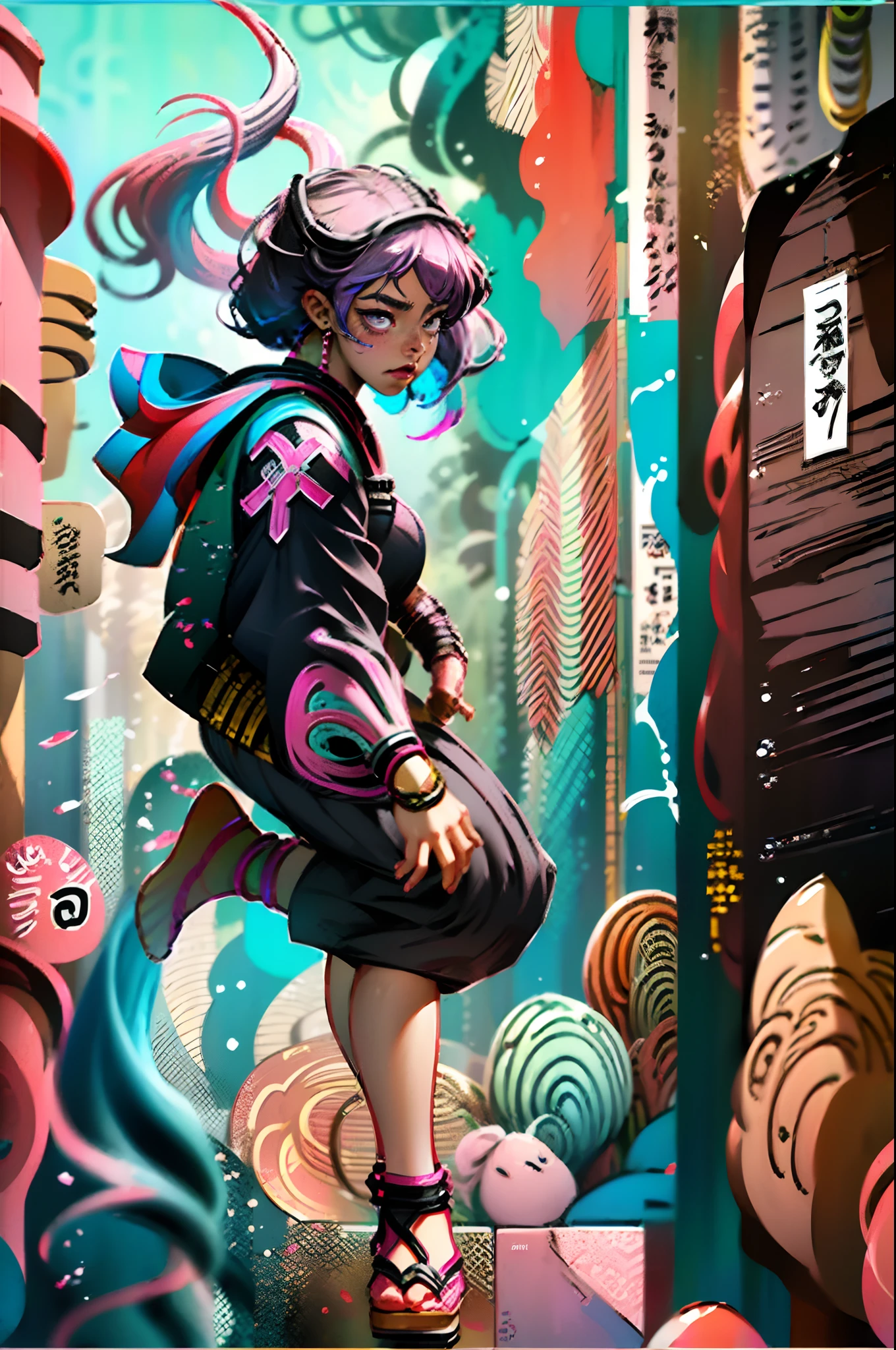 a ninja girl casting a jutsu, wearing black mask, sakura pink hair, background is a village in fire and ruins, masterpiece, best quality --auto --s2