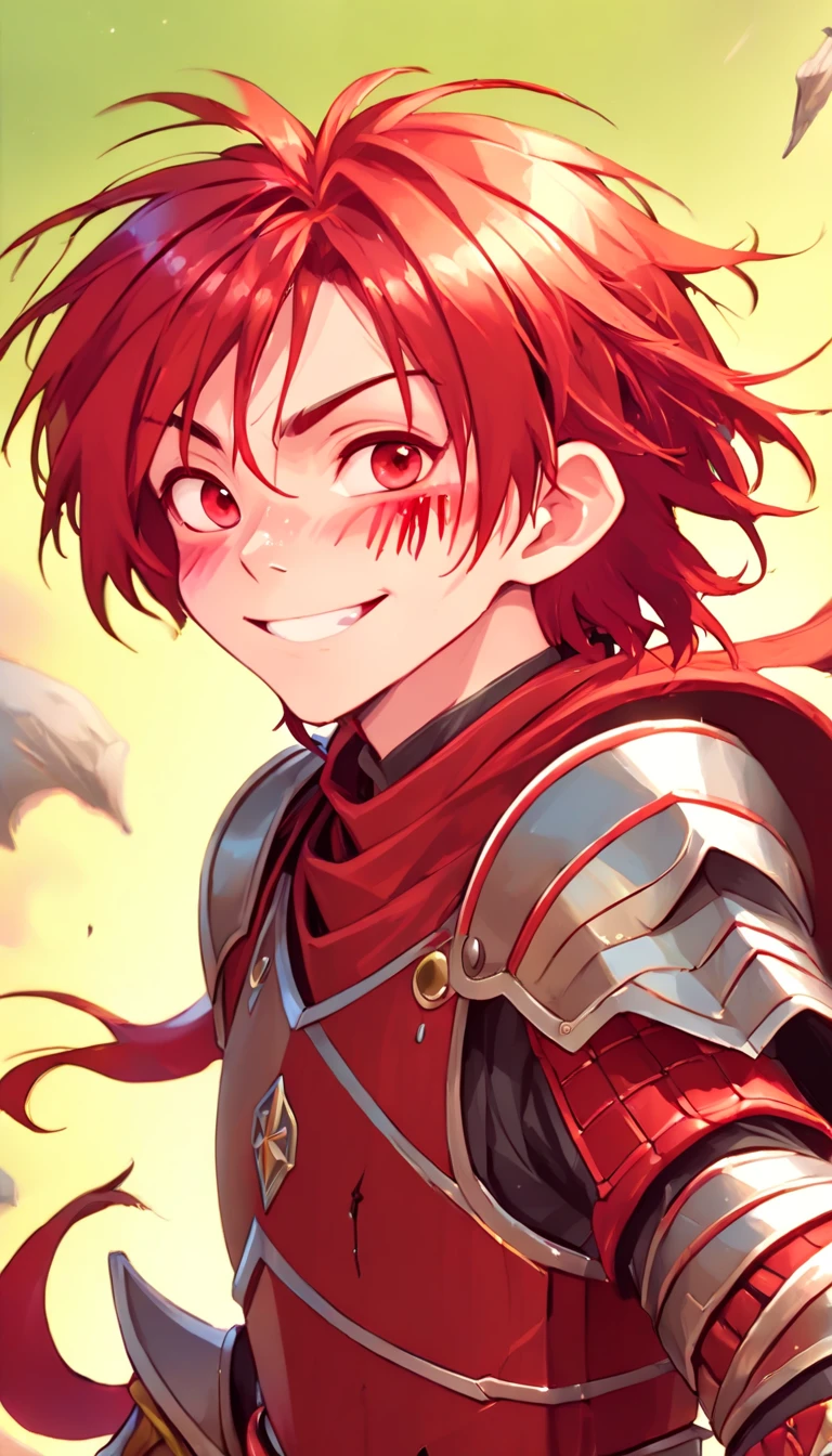 Conan Exiles style, one children (male) (), Tan skin, 1kid, top rated Pixiv, slim body, long sleeved shirt, brown pants, short wavy bright_red hair, short hair, different eyes (heterochromia), D&D character, Peasant boy, villager , Friendly Smile, heroic, face scars, slightly sloppy clothes, Medieval Style Clothing, Simple Clothing, Human, Cute Face, Young Face, Skill Picture, Villager Clothes, Mill Village, mischievous smile, playful air, ((highly_saturated red_hair: 1.9)), ((face_scars: 1.9)), ((heroic_figure: 1.9)), ((handsome: 1.8)), ((wearing eather_armor: 1.9))
