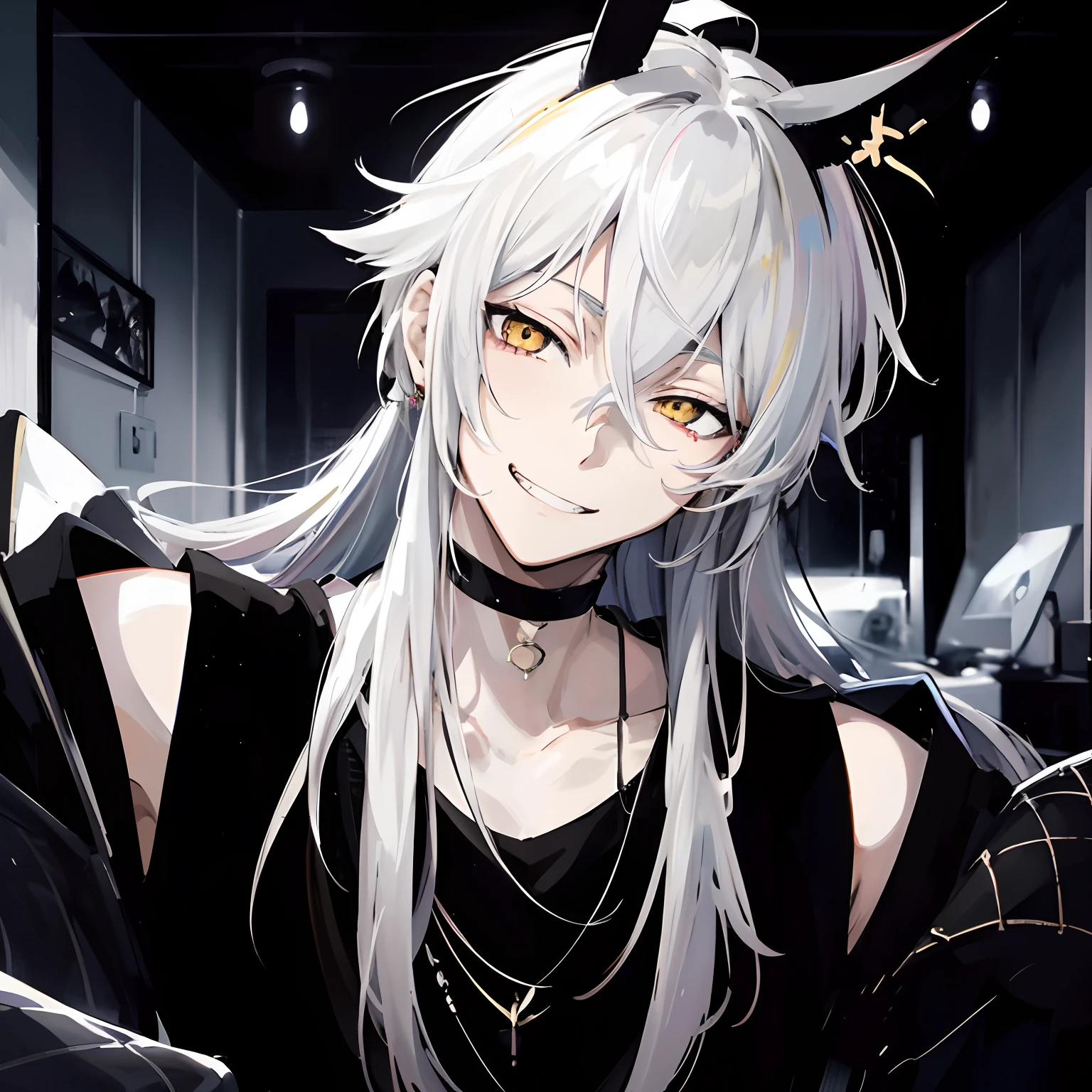 Japanese anime, beautiful young man, white hair, long hair, yellow eyes, slanted eyes, pierced black rabbit ears, toothy smile, grin, cool black outfit, dark stylish room as background,high quality, amount of drawing, pixiv illustration