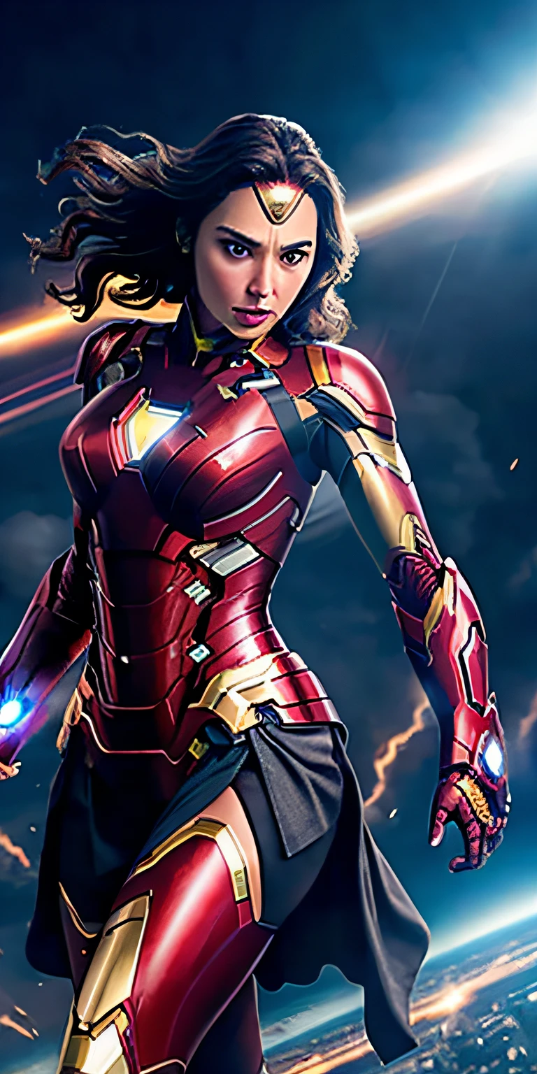 Gal Gadot con el traje de iron man foto realista volando en el cielo 4k y fumando